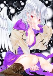 Rule 34 | 1girl, alto2019, between legs, black background, blush, boots, braid, breasts, cleavage, covering own mouth, dress, embarrassed, feathered wings, feathers, french braid, grey hair, hand between legs, hand to own mouth, jacket, kishin sagume, knees, large breasts, marker (medium), open clothes, purple dress, purple skirt, red eyes, sample watermark, short hair, single wing, sitting, skirt, solo, touhou, traditional media, watermark, white hair, wings