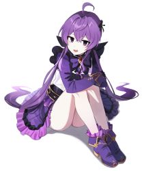 Rule 34 | 1girl, :d, absurdres, ahoge, aisha landar, ass, bare legs, belt, black gloves, boots, elsword, gloves, highres, knees up, lix (iroiro3843), long hair, long sleeves, looking at viewer, low twintails, open mouth, purple eyes, purple footwear, purple hair, purple skirt, shirt, simple background, sitting, skirt, smile, solo, thighs, twintails, very long hair, white background, white shirt