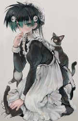 Rule 34 | 1girl, apron, black dress, black hair, cat, dress, ebimomo, fingernails, full body, green eyes, green hair, hand to own mouth, hand up, hat, highres, juliet sleeves, kneeling, long dress, long sleeves, looking at viewer, maid, maid apron, mob cap, multicolored hair, original, patchwork skin, puffy sleeves, simple background, solo, two-tone hair, under skirt, white apron, white background