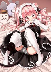 Rule 34 | 1girl, bed sheet, black dress, blush, commentary request, demon girl, demon tail, dress, elbow gloves, frilled dress, frills, gloves, head tilt, long hair, looking at viewer, lying, maid, maid headdress, mochiyuki, on back, original, panties, parted lips, pink hair, pointy ears, red eyes, solo, strapless, strapless dress, striped clothes, striped panties, tail, thighhighs, twintails, underwear, very long hair, white gloves, white thighhighs