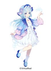 Rule 34 | 1girl, :o, absurdres, animal, animal on hand, ankle socks, blue eyes, blue footwear, blue hair, blue hat, blue jacket, blue nails, blue ribbon, bonnet, bright pupils, copyright name, copyright notice, detached collar, dress, empire waist, flat chest, flower, full body, garu (vtuber), gradient jacket, hair flower, hair ornament, hair ribbon, hair scrunchie, hand up, hat, highres, index finger raised, jacket, jellyfish, jewelry, leg up, long hair, long sleeves, looking to the side, low ponytail, medium dress, mob cap, necklace, nijisanji, official art, puffy long sleeves, puffy sleeves, purple jacket, ribbon, scrunchie, shell, shell necklace, socks, solo, standing, standing on one leg, tachi-e, virtual youtuber, virtuareal, white background, white dress, white flower, white pupils, white scrunchie, white socks