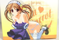 Rule 34 | 1990s (style), 1girl, breasts, brown eyes, brown hair, carrot, cleavage, food-themed clothes, kunugi ayano, leg lift, long hair, maid, no bra, panties, pia carrot (series), pia carrot e youkoso!!, pia carrot e youkoso!! g.o., retro artstyle, solo, thighhighs, twintails, underwear, undressing, waitress, white panties, white thighhighs