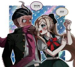 Rule 34 | !, !!, !?, 1boy, 1girl, :d, belt, black bow, black hair, black jacket, blush, bow, bowtie, bracelet, braid, buttons, clenched hand, cowboy shot, danganronpa (series), danganronpa 2: goodbye despair, dress, earrings, gem, green dress, grey eyes, grey hair, grey shirt, hair bow, hand up, heterochromia, highres, index finger raised, jacket, jewelry, jilong (eksrks99), long hair, looking at another, multicolored hair, open clothes, open jacket, open mouth, pink scarf, puffy short sleeves, puffy sleeves, red bow, red bowtie, red eyes, scarf, shirt, short sleeves, simple background, smile, sonia nevermind, speech bubble, sweat, tanaka gundham, teeth, two-tone hair, upper teeth only, white background, white belt