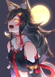 Rule 34 | 1girl, absurdres, animal ear fluff, animal ears, bell, black hair, choker, collarbone, commentary, detached sleeves, fang, glowing, glowing eyes, hair between eyes, hair ornament, hairclip, highres, hololive, izumi sai, japanese clothes, kouhaku nawa, long hair, looking at viewer, moon, moonlight, multicolored hair, ookami mio, ookami mio (1st costume), open mouth, outdoors, red choker, red hair, red neckwear, rope, sailor collar, shimenawa, simple background, sketch, solo, streaked hair, virtual youtuber, wolf ears, yellow eyes