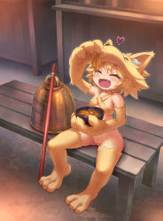 Rule 34 | 1girl, absurdres, aburaage, animal ear fluff, animal hands, bell, bench, blonde hair, blush, body blush, bottomless, bowl, claws, closed eyes, commentary request, commission, dripping, eating, elbow gloves, eyes visible through hair, fang, flat chest, food, fox girl, fox hat, from above, full body, gloves, gluteal fold, hair between eyes, halterneck, heart, highres, holding, holding bowl, holding food, market stall, moonlight flower, navel, no pussy, open mouth, ragnarok online, saliva, sankuma, second-party source, shiny skin, short hair, skeb commission, solo, staff, stomach, thighhighs, weapon, yellow fur, yellow gloves, yellow thighhighs
