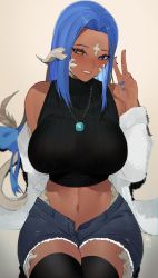 Rule 34 | 1girl, absurdres, au ra, warrior of light (ff14), black thighhighs, blue hair, blush, bow, breasts, dark-skinned female, dark skin, dragon horns, dragon tail, final fantasy, final fantasy xiv, heterochromia, highres, horns, j.moon, jewelry, large breasts, long hair, looking at viewer, midriff, necklace, off shoulder, scales, shorts, sitting, smile, solo, tail, tail bow, tail ornament, thighhighs, v