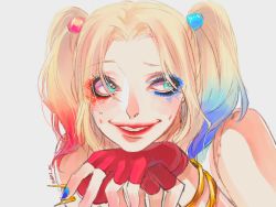 Rule 34 | 1girl, batman (series), blonde hair, blue eyes, dc comics, dccu, harley quinn, multicolored hair, simple background, solo, suicide squad, twintails