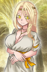 Rule 34 | 1girl, blonde hair, braiding hair, breasts, breasts out, crown, elden ring, from software, genderswap, hairdressing, long hair, miquella (elden ring), nipples, solo, yellow eyes