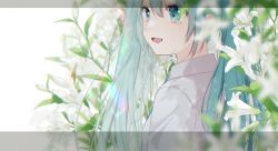 Rule 34 | 1girl, asagao minoru, commentary request, crying, crying with eyes open, flower, green eyes, green hair, hatsune miku, letterboxed, lily (flower), looking afar, open mouth, shirt, sidelocks, simple background, smile, solo, streaming tears, tears, twintails, upper body, vocaloid, white background, white lily, white shirt