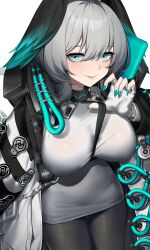 Rule 34 | 1girl, absurdres, aqua eyes, aqua nails, aqua wings, arknights, bags under eyes, between breasts, black pantyhose, blush, breasts, coat, commentary request, cowboy shot, dress, feathered wings, fingerless gloves, fingernails, gloves, grey hair, grin, hair between eyes, head wings, highres, ho&#039;olheyak (arknights), holding, holding strap, infection monitor (arknights), large breasts, long coat, long fingernails, long sleeves, looking at viewer, nail polish, open clothes, open coat, pantyhose, parted lips, pencil dress, short dress, short hair, sidelocks, simple background, smile, solo, strap between breasts, wakamepiza, white background, white dress, white gloves, wings