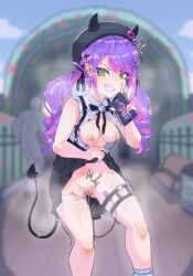 Rule 34 | 1girl, bare shoulders, black bow, black bowtie, black headwear, black skirt, blush, bow, bowtie, breast piercing, breasts, cellphone, cleft of venus, clenched teeth, clothes lift, demon girl, demon tail, ear piercing, egg vibrator, fake horns, female masturbation, frilled shirt, frilled sleeves, frills, green eyes, hair ornament, hairclip, heart, heart-shaped pupils, heart o-ring, high-waist skirt, highres, holding, holding phone, hololive, horned headwear, horns, lifting own clothes, long hair, masturbation, medium breasts, moral cacoethes, multicolored hair, nipple piercing, nipples, no panties, o-ring, o-ring thigh strap, object insertion, outdoors, phone, piercing, pink hair, pleated skirt, pointy ears, pom pom (clothes), purple hair, pussy, sex toy, shirt, short sleeves, skirt, skirt lift, smartphone, solo, streaked hair, suspender skirt, suspenders, symbol-shaped pupils, tail, tail ornament, tail piercing, tears, teeth, thigh strap, tokoyami towa, trembling, twintails, vibrator, virtual youtuber, white shirt