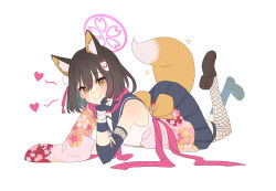 Rule 34 | absurdres, animal ear fluff, animal ears, animal hair ornament, asymmetrical legwear, blue archive, brown hair, commentary request, eyeshadow, fishnet thighhighs, fishnets, fox ears, fox girl, fox hair ornament, fox tail, full body, gloves, hair ornament, halo, hand on own chin, head rest, heart, highres, izuna (blue archive), japanese clothes, kimono, legs up, loafers, looking at viewer, lying, makeup, on stomach, partial commentary, partially fingerless gloves, pink eyeshadow, pink scarf, pleated skirt, pom pom (clothes), pom pom hair ornament, print kimono, ruiyuzawa, scarf, school uniform, serafuku, shirt, shoes, short hair, skirt, sleeveless, sleeveless shirt, smile, tail, thighhighs, white background