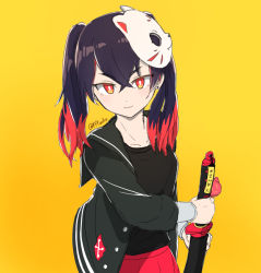 Rule 34 | 1girl, black hair, black jacket, black shirt, cat mask, charm (object), collarbone, commentary request, crossed bangs, earrings, hair between eyes, hitagi (kick-flight), holding, holding sword, holding weapon, jacket, jewelry, katana, kick-flight, long sleeves, looking at viewer, mask, mask on head, multicolored hair, open clothes, open jacket, pleated skirt, red eyes, red hair, red skirt, sheath, sheathed, shirt, sidelocks, simple background, skirt, smile, solo, streaked hair, sword, twintails, twitter username, two-tone hair, upper body, weapon, yellow background, yuuka (kfyuuka)