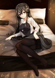 Rule 34 | 10s, 1girl, anchor necklace, bed, black hair, black pantyhose, breasts, brown eyes, clothes lift, crotch seam, grey skirt, hair between eyes, hair ornament, hairband, hairclip, haruna (kancolle), highres, jacket, jewelry, kantai collection, large breasts, long hair, long sleeves, lying, necklace, omoomomo, on side, panties, panties under pantyhose, pantyhose, pillow, skirt, skirt lift, smile, solo, thighband pantyhose, underwear, white jacket, white panties