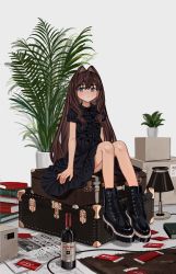 Rule 34 | 1girl, black dress, black footwear, blue eyes, blush, book, book stack, boots, bottle, box, brown hair, closed mouth, commentary, cross-laced footwear, desk lamp, dress, elisia valfelto, english commentary, grey background, hair intakes, highres, knees up, lace-up boots, lamp, long hair, looking at viewer, luicent, newspaper, original, plant, potted plant, puffy short sleeves, puffy sleeves, revision, short sleeves, sidelocks, simple background, sitting, solo, suitcase, very long hair, white background