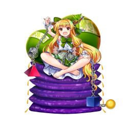 Rule 34 | 1girl, alternate color, barefoot, blonde hair, crossed arms, cuffs, fang, full body, game cg, gourd, green skirt, highres, horn ornament, horn ribbon, horns, ibuki suika, ibuki suika (verdant green kishin), long hair, looking at viewer, open mouth, ribbon, rotte (1109), shackles, shirt, simple background, sitting, skirt, solo, third-party source, torn clothes, torn shirt, touhou, touhou lostword, white background, white shirt, wrist cuffs, yellow eyes