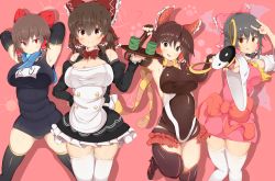 Rule 34 | 4girls, absurdres, akabeco, benikurage (cookie), black hair, black legwear, blush, bow, breasts, brown eyes, brown hair, cleavage, closed mouth, cookie (touhou), cup, hair bow, hair tubes, hakurei reimu, highres, kanna (cookie), large breasts, looking at viewer, multiple girls, one-piece swimsuit, open mouth, pink bow, plump, red bow, red eyes, reu (cookie), sananana (cookie), school swimsuit, short hair, smile, swimsuit, thighhighs, touhou, white legwear, yunomi