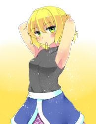 Rule 34 | 1girl, armpits, black shirt, blonde hair, blush, breasts, closed mouth, colorized, commentary request, cowboy shot, ellipsis (mitei), expressionless, gradient background, green eyes, hair tie in mouth, isaki (gomi), looking at viewer, medium breasts, mizuhashi parsee, mouth hold, photoshop (medium), pointy ears, shirt, short ponytail, sleeveless, sleeveless shirt, solo, touhou, yellow background