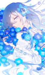 Rule 34 | 1girl, absurdres, blue eyes, blue flower, blue hair, chinese commentary, commentary request, dress, flower, hair flower, hair ornament, hair over one eye, highres, isekai joucho, kamitsubaki studio, light smile, long hair, looking at viewer, lying, multicolored hair, nemophila (flower), on back, solo, two-tone dress, two-tone hair, upper body, virtual youtuber, walluka, white dress, white eyes, white hair