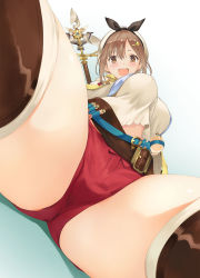 Rule 34 | 1girl, :d, atelier (series), atelier ryza, atelier ryza 1, blush, breasts, brown eyes, brown hair, brown thighhighs, commentary request, crotch, from below, hair ornament, hairclip, highres, ichikawa noa, large breasts, looking at viewer, midriff, open mouth, red shorts, reisalin stout, short hair, short shorts, shorts, simple background, smile, solo, thick thighs, thighhighs, thighs