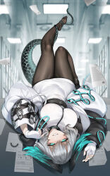 Rule 34 | 1girl, absurdres, aqua eyes, arknights, belt, black belt, black pantyhose, breasts, commentary request, dress, feet, fingerless gloves, gins, gloves, grey hair, grin, hands up, head wings, highres, ho&#039;olheyak (arknights), indoors, jacket, large breasts, leg up, legs, long sleeves, looking at viewer, lying, no shoes, on back, open clothes, open jacket, pantyhose, short hair, smile, snake tail, solo, tail, tail around own leg, thighs, upside-down, white dress, white gloves, white jacket, wings