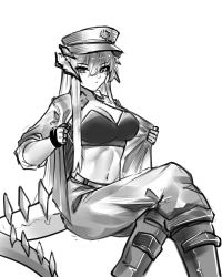 Rule 34 | 1girl, absurdres, arknights, boots, bra, breasts, cleavage, commentary request, feet out of frame, greyscale, hat, highres, horns, jacket, large breasts, long hair, monochrome, najashi, navel, official alternate costume, open clothes, open jacket, pants, peaked cap, saria (arknights), saria (the law) (arknights), simple background, sitting, solo, stomach, strapless, strapless bra, tail, underwear, very long hair, white background
