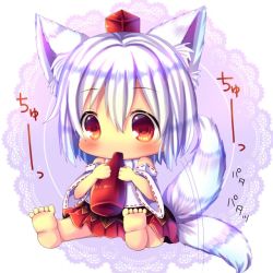 Rule 34 | 1girl, animal ears, barefoot, blush, bottle, chibi, chocolat (momoiro piano), commentary request, detached sleeves, hat, inubashiri momiji, ketchup, long sleeves, red eyes, ribbon-trimmed sleeves, ribbon trim, shirt, short hair, silver hair, skirt, solo, tail, tail wagging, tokin hat, touhou, wide sleeves, wolf ears, wolf tail
