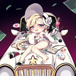 Rule 34 | 1girl, bag, barefoot, blonde hair, blue eyes, blush, breasts, car, chibi, chips (food), cleavage, cup, drinking glass, drunk, earrings, elbow gloves, feet, food, gloves, handbag, heart, high heels, holding, holding cup, jewelry, long hair, looking at viewer, lying, maplestory, medium breasts, mendou kusai, mole, mole under eye, money, motor vehicle, on vehicle, open mouth, poker chip, shoes, shoulder bag, single shoe, smile, spoken heart, squeans, thighs, toes, unworn shoe, unworn shoes, wine glass