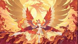 Rule 34 | 1girl, afk arena, breasts, cleavage, dress, feathered wings, feathers, gloves, hair ornament, head wings, highres, looking at viewer, red hair, solo, talene (afk arena), white dress, white gloves, wings, yellow eyes