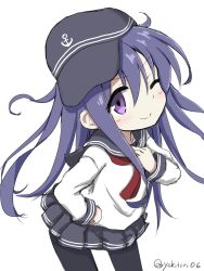 Rule 34 | 10s, 1girl, akatsuki (kancolle), anchor symbol, commentary request, flat cap, hand on own hip, hand on own chest, hat, highres, kantai collection, long hair, neckerchief, one eye closed, pantyhose, purple eyes, purple hair, red neckerchief, school uniform, serafuku, skirt, smile, solo, twitter username, white background, yakitori (yakitori06)