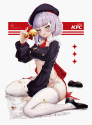 Rule 34 | 1girl, ascot, black footwear, black headwear, blunt bangs, bottomless, braid, character name, convenient arm, crop top, detached collar, english text, food, garter belt, garter straps, genshin impact, grey background, hand up, heart, heart-shaped pupils, highres, holding, kfc, l ract, long sleeves, looking at viewer, noelle (genshin impact), noelle (kfc) (genshin impact), red ascot, unworn shoe, shoes, unworn shoes, short hair, silver hair, simple background, single shoe, solo, spill, symbol-shaped pupils, thighhighs, thighs, white thighhighs