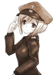 Rule 34 | 1girl, adjusting clothes, adjusting headwear, closed mouth, erica hartmann, from side, greyscale, hat, jacket, light smile, long sleeves, looking at viewer, looking back, military, military hat, military uniform, monochrome, peaked cap, shiromitsu suzaku, short hair, solo, standing, strike witches, uniform, upper body, world witches series