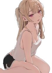 Rule 34 | 1girl, blonde hair, blush, breasts, camisole, cleavage, daluto (hitomi555), dolphin shorts, highres, looking at viewer, medium breasts, mole, mole on breast, mole under eye, original, parted lips, pink eyes, short shorts, shorts, simple background, sitting, solo, white background, white camisole