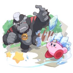 Rule 34 | battle, black fur, blush stickers, cage, chain, clenched hand, copy ability, gorilla, gorimondo, highres, ice kirby, ice shard, kirby, kirby (series), kirby and the forgotten land, looking at another, nintendo, poyo party, sparkle, star (symbol), teeth, tree, waddle dee