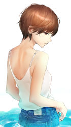 Rule 34 | 1girl, absurdres, akiramenai otoko, back, bare arms, bare shoulders, breasts, brown eyes, brown hair, camisole, denim, from behind, half-closed eyes, highres, looking away, original, parted lips, profile, short hair, sleeveless, small breasts, solo, standing, wading, water, white camisole