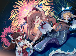 Rule 34 | ainy, apron, arm up, bad id, bad pixiv id, blonde hair, blue ribbon, blue skirt, bow, brown hair, buttons, candy apple, chain, cuffs, detached sleeves, fireworks, food, frilled apron, frilled bow, frills, hair between eyes, hair bow, hair tubes, hakurei reimu, hand up, hat, horn bow, horn ornament, horns, ibuki suika, kirisame marisa, long hair, multiple girls, necktie, night, night sky, one eye closed, oni, oni horns, open mouth, orange hair, purple bow, red bow, red eyes, red neckwear, red shirt, red skirt, ribbon, ribbon-trimmed skirt, ribbon-trimmed sleeves, ribbon trim, shirt, skirt, sky, sleeveless, sleeveless shirt, smile, star (symbol), touhou, waist apron, white bow, white shirt, witch hat, wrist cuffs, yellow neckwear