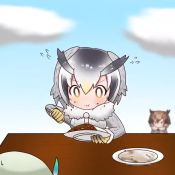 Rule 34 | 3girls, animal ears, animated, blue sky, blurry, brown hair, cloud, commentary request, curry, curry rice, depth of field, eating, eurasian eagle owl (kemono friends), flying sweatdrops, food, fur collar, gradient hair, grey hair, hat, hat feather, holding, holding plate, kaban (kemono friends), kemono friends, looping animation, multicolored hair, multiple girls, northern white-faced owl (kemono friends), plate, rice, short hair, sitting, sky, solo focus, spoon, sweat, table, taro (tontaro), video, white hair