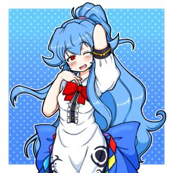 Rule 34 | 1girl, ;d, alternate hairstyle, arm behind head, blue hair, blush, bow, breasts, dress, eruru (erl), hand on own chest, head tilt, highres, hinanawi tenshi, layered dress, long hair, looking at viewer, one eye closed, open mouth, ponytail, puffy short sleeves, puffy sleeves, red eyes, short sleeves, smile, solo, touhou, very long hair, wavy hair