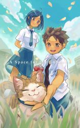 Rule 34 | 1boy, 1girl, a space for the unbound, ahoge, arms behind back, atma (a space for the unbound), black undershirt, blue hair, blue necktie, blue skirt, blue sky, brown eyes, brown hair, cat, closed mouth, cloud, collared shirt, commentary request, copyright name, day, falling petals, foreground text, grass, hand on another&#039;s chin, highres, indonesian high school uniform, kneeling, medium skirt, mz marine, necktie, open clothes, open mouth, open shirt, outdoors, outstretched arm, petals, raya (a space for the unbound), school uniform, shirt, short hair, short sleeves, skirt, sky, smile, spiked hair, stroking another&#039;s chin, undershirt, white shirt