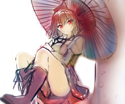 Rule 34 | 1girl, absurdres, boots, fuepo, highres, lace, looking at viewer, red eyes, red hair, shameimaru aya, short hair, solo, touhou