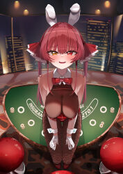 Rule 34 | 1girl, absurdres, animal ears, blush, bodystocking, breasts, cityscape, cleavage, fake animal ears, fishnet pantyhose, fishnets, gloves, hair ribbon, heterochromia, highres, hololive, houshou marine, large breasts, leotard, long hair, looking at viewer, medium breasts, open mouth, pantyhose, playboy bunny, poker chip, poker table, rabbit ears, red eyes, red hair, red leotard, red ribbon, ribbon, smile, solo, table, twintails, virtual youtuber, white gloves, white wrist cuffs, wrist cuffs, yellow eyes, yuzuyukiha