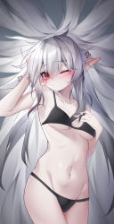 Rule 34 | 1girl, ;/, absurdres, arknights, arm up, armpits, bare arms, bare shoulders, black bra, black panties, blush, bra, breasts, chinese commentary, closed mouth, collarbone, commentary request, cowboy shot, ear blush, from above, hand in own hair, hand on own chest, highres, long hair, looking at viewer, lying, medium breasts, navel, on back, panties, pointy ears, qinshi-ji, red eyes, silver hair, solo, stomach, underboob, underwear, underwear only, very long hair, warfarin (arknights)