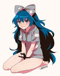 Rule 34 | 1girl, bare legs, barefoot, between legs, blue eyes, blue hair, blush, bottomless, bow, breasts, closed mouth, dated, eyebrows, frown, full body, grey bow, grey hoodie, hair between eyes, hair bow, hand between legs, highres, hood, hood down, hoodie, long hair, nose blush, paper, shikido (khf), short sleeves, signature, silver background, simple background, single tear, sitting, small breasts, solo, stuffed animal, stuffed cat, stuffed toy, sweat, tears, touhou, v arms, very long hair, wariza, yorigami shion