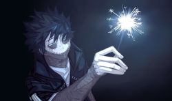 Rule 34 | 2jhapita, arm up, black hair, boku no hero academia, burn scar, costume, dabi (boku no hero academia), ear piercing, fireworks, highres, holding fireworks, looking at object, looking up, male focus, night, nose piercing, piercing, scar, shirt, sleeves pushed up, solo, sparkler, sparks, stapled, white shirt