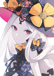 Rule 34 | 1girl, abigail williams (fate), black hat, blue bow, bow, closed mouth, fanshu, fate/grand order, fate (series), hair bow, hat, highres, long hair, looking at viewer, orange bow, pale skin, red eyes, sample watermark, simple background, solo, star (symbol), star print, upper body, watermark, white background, witch hat
