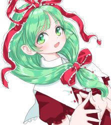 Rule 34 | 1girl, collared dress, dress, frilled ribbon, frills, front ponytail, green eyes, green hair, hair ribbon, kagiyama hina, long hair, looking at viewer, open mouth, own hands together, puffy short sleeves, puffy sleeves, red dress, red ribbon, ribbon, s-a-murai, short sleeves, simple background, smile, solo, steepled fingers, touhou, upper body, white background