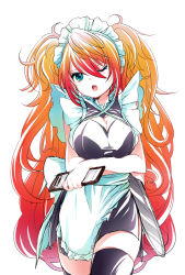 Rule 34 | 1girl, alternate costume, apron, aqua eyes, breast hold, breasts, cleavage, cleavage cutout, clothing cutout, crossed arms, enmaided, hair between eyes, highres, large breasts, leilan (p&amp;d), long hair, maid, maid apron, maid headdress, multicolored hair, notepad, one eye closed, orange hair, pikomarie, puzzle &amp; dragons, red hair, solo, thighhighs, tray, two-tone hair, very long hair