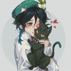 Rule 34 | 1boy, :&lt;, anger vein, animal, annoyed, beret, black cat, black hair, blue hair, blush, braid, cat, flower, genshin impact, ggelus, gradient hair, grey background, hair between eyes, hat, hat flower, heart, highres, holding, holding animal, leaf hat ornament, long sleeves, male focus, multicolored hair, one eye closed, open mouth, shirt, simple background, solo, tassel, twin braids, two-tone background, venti (genshin impact), white background, white shirt, xiao (genshin impact)