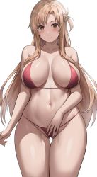 Rule 34 | 1girl, absurdres, asuna (sao), bare shoulders, bikini, blush, braid, breasts, breasts apart, brown eyes, brown hair, collarbone, female focus, gluteal fold, highres, jasony, large breasts, long hair, looking at viewer, midriff, navel, smile, solo, swimsuit, sword art online, thigh gap, thighs, very long hair, white background