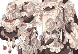 Rule 34 | 1girl, absurdres, apple, apron, bad id, bad pixiv id, black dress, black ribbon, boots, closed eyes, closed mouth, clothes lift, dress, ensemble stars!, food, frilled apron, frilled dress, frills, fruit, genderswap, genderswap (mtf), grey hair, hair between eyes, hair ribbon, highres, long hair, long sleeves, looking at viewer, maid, meremero, multiple views, pillow, ponytail, puffy long sleeves, puffy sleeves, ran nagisa, red apple, red eyes, ribbon, skirt, skirt basket, skirt hold, skirt lift, sleeping, standing, thighhighs, white apron, white background, white thighhighs